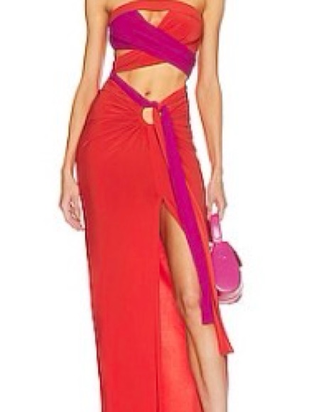 Red And Fuchsia Cutout Skirt / Top Set
